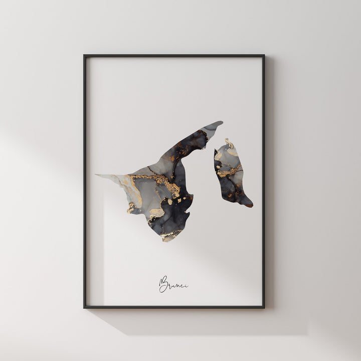 Brunei Map Black & Gold Wall Art Print [EV]