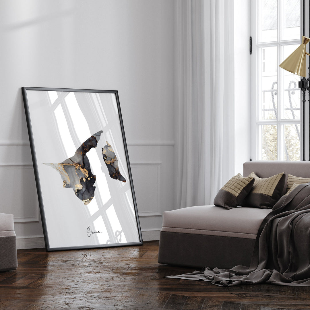 Brunei Map Black & Gold Wall Art Print [EV]