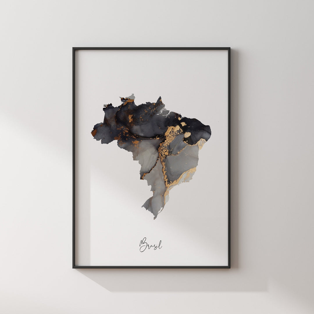Brazil Map Black & Gold Wall Art Print [EV]