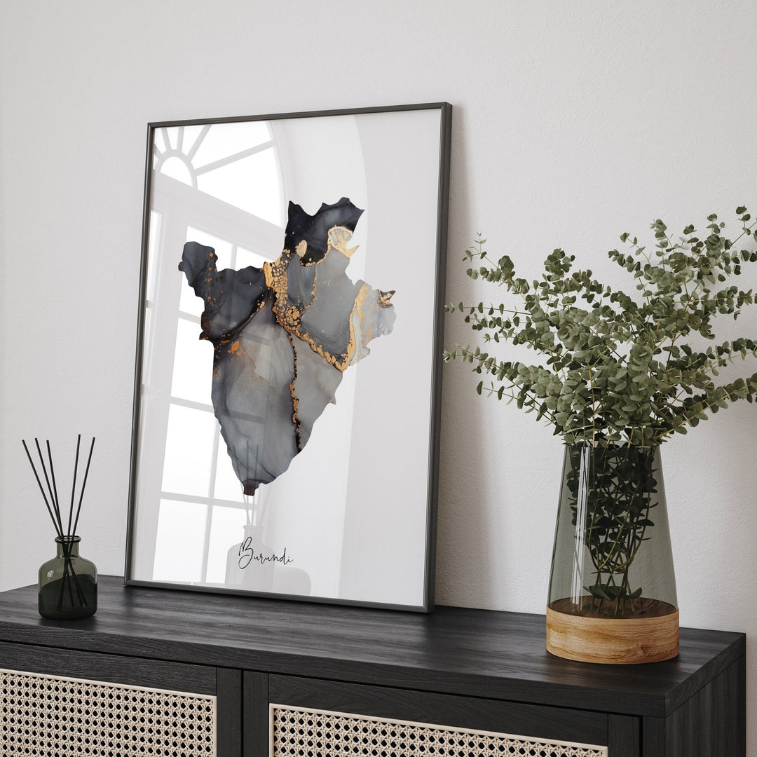 Burundi Map Black & Gold Wall Art Print [EV]
