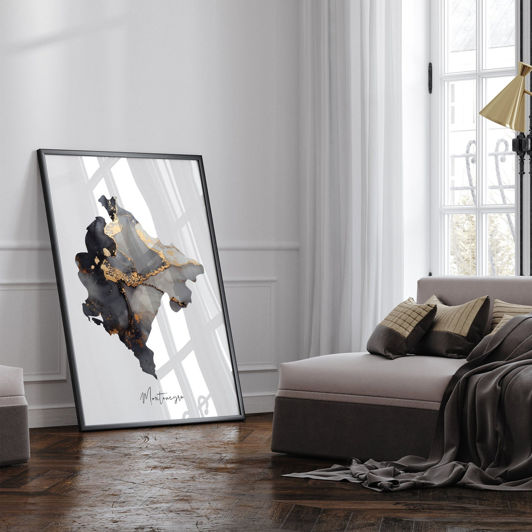 Montenegro Map Black & Gold Wall Art Print [EV]
