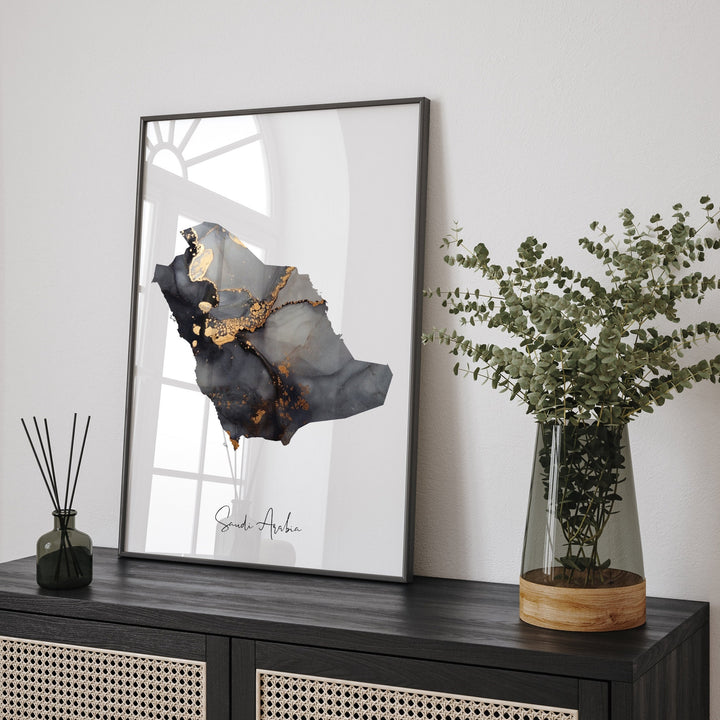 Saudi Arabia Map Black & Gold Wall Art Print [EV]
