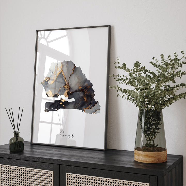 Senegal Map Black & Gold Wall Art Print [EV]