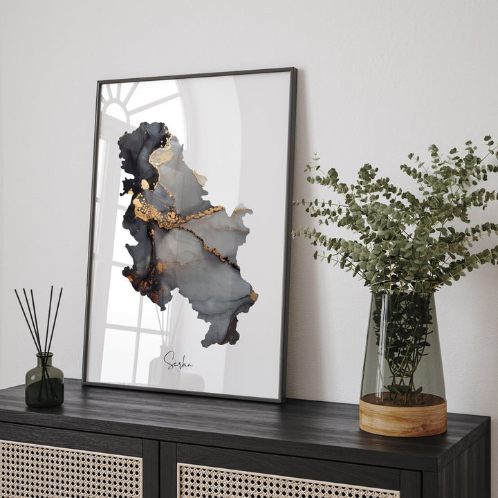 Serbia Map Black & Gold Wall Art Print [EV]