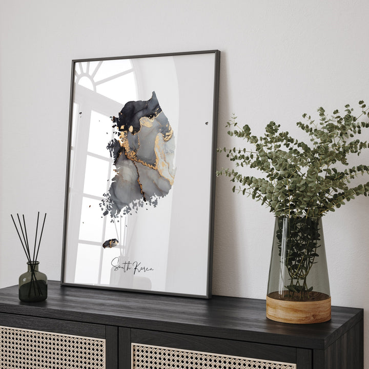 South Korea Map Black & Gold Wall Art Print [EV]