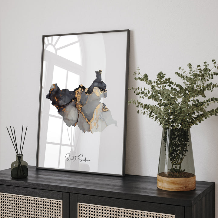 South Sudan Map Black & Gold Wall Art Print [EV]