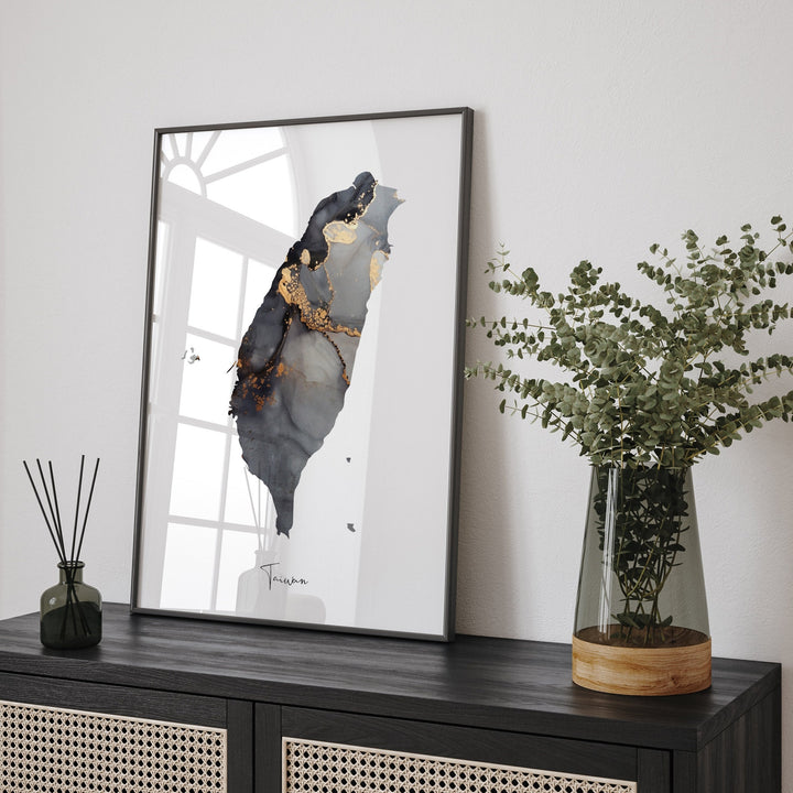 Taiwan Map Black & Gold Wall Art Print [EV]