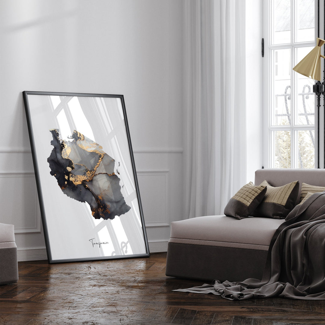 Tanzania Map Black & Gold Wall Art Print [EV]