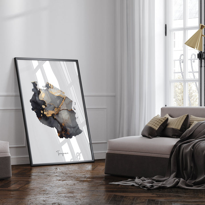 Tanzania Map Black & Gold Wall Art Print [EV]