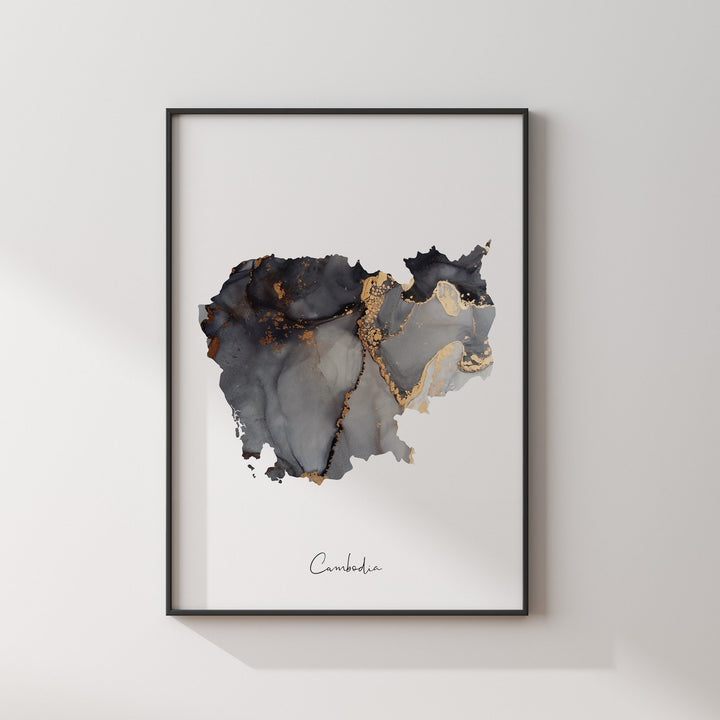 Cambodia Map Black & Gold Wall Art Print [EV]