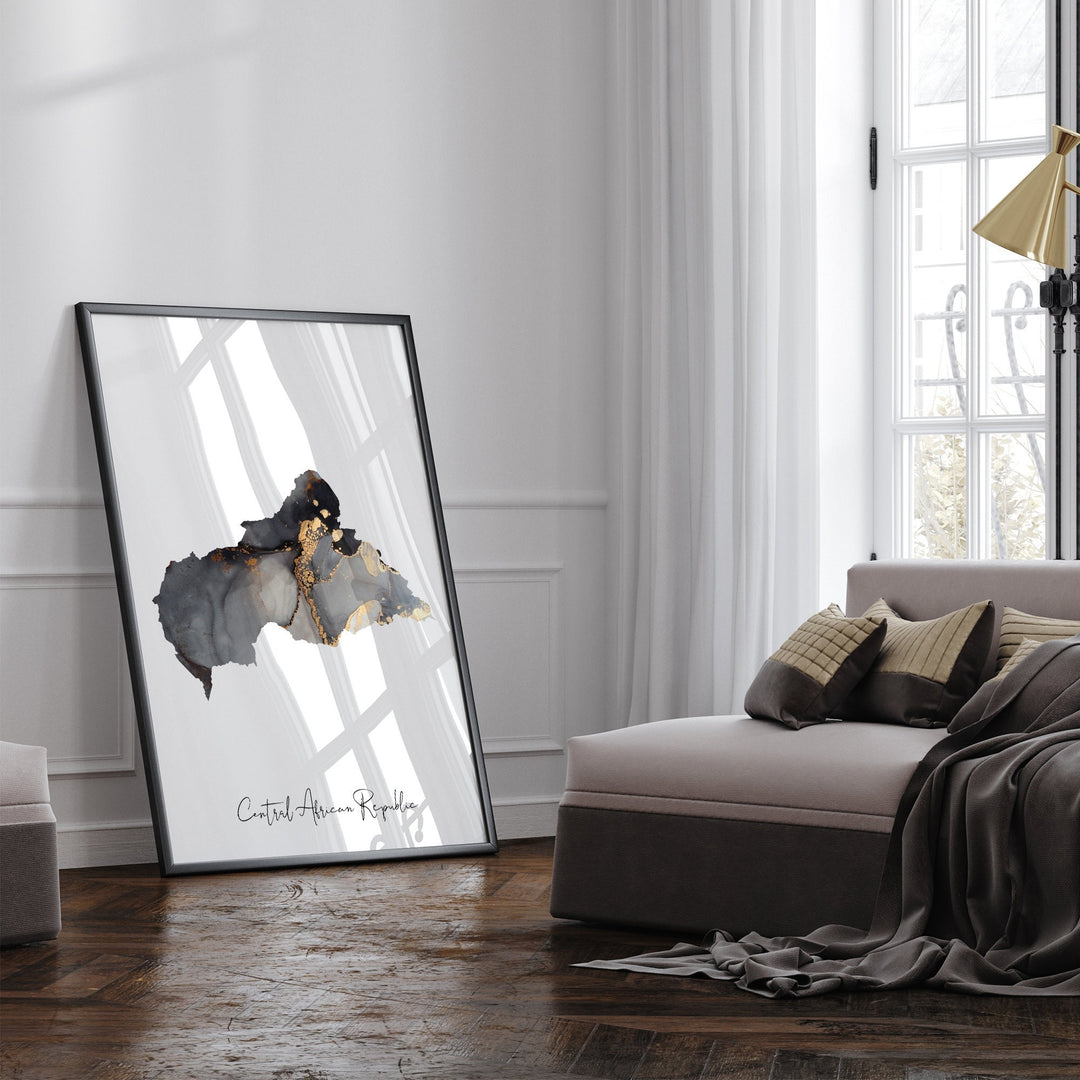 Central African Republic Map Black & Gold Wall Art Print [EV]