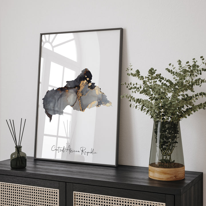 Central African Republic Map Black & Gold Wall Art Print [EV]