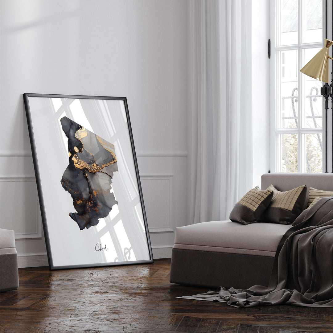 Chad Map Black & Gold Wall Art Print [EV]
