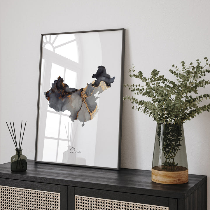 China Map Black & Gold Wall Art Print [EV]