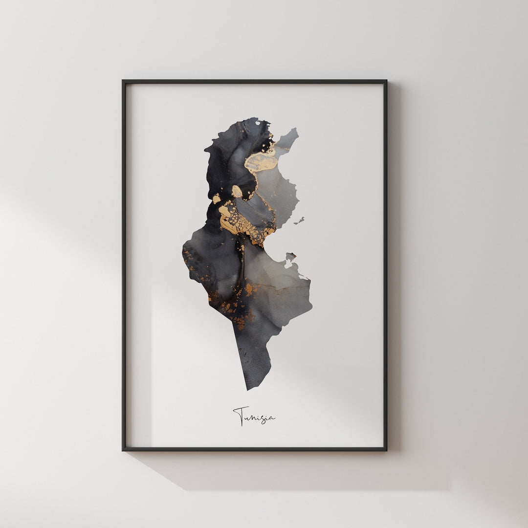 Tunisia Map Black & Gold Wall Art Print [EV]