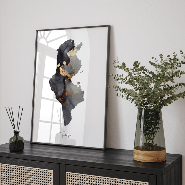 Tunisia Map Black & Gold Wall Art Print [EV]