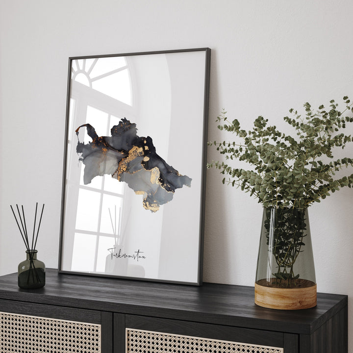 Turkmenistan Map Black & Gold Wall Art Print [EV]