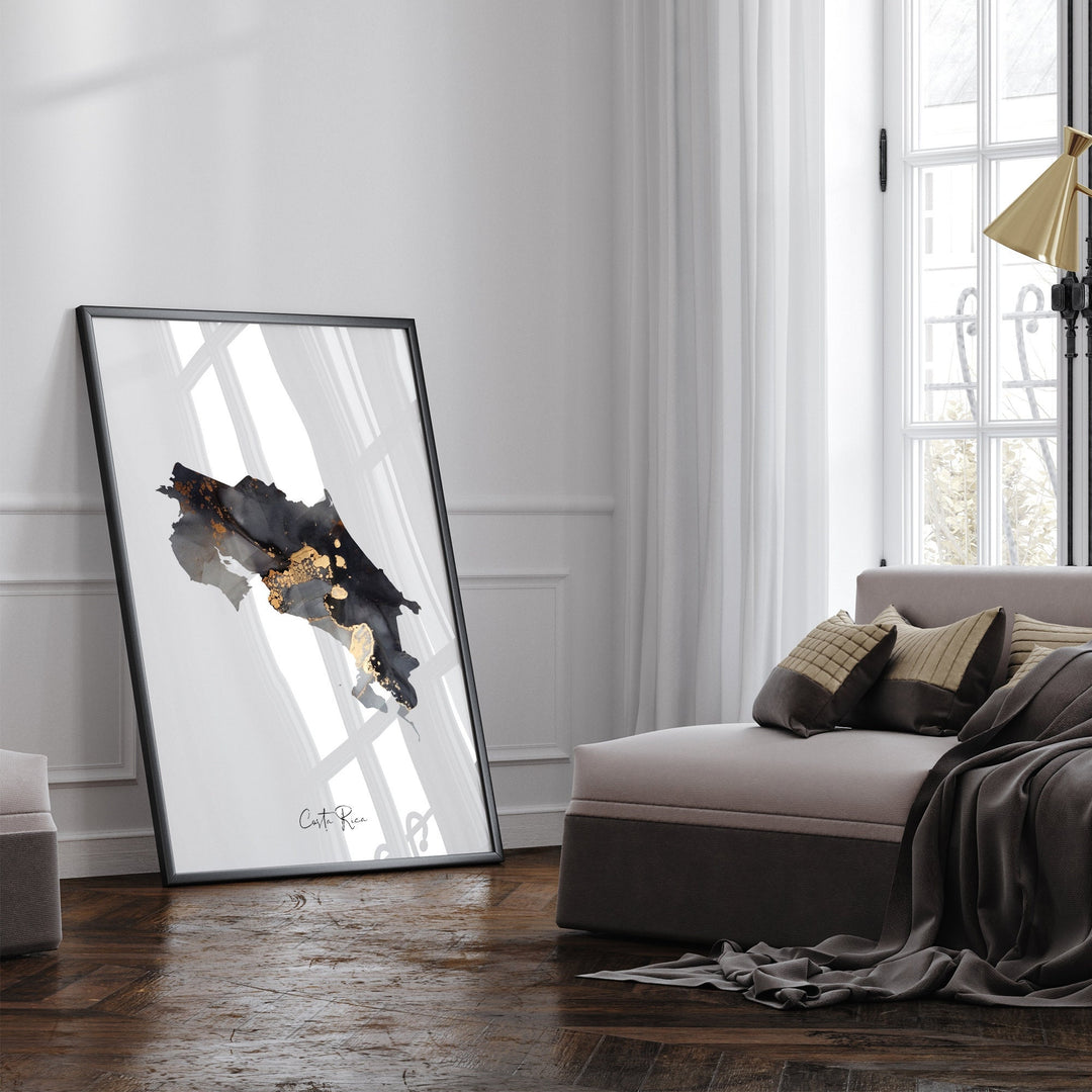 Costa Rica Map Black & Gold Wall Art Print [EV]