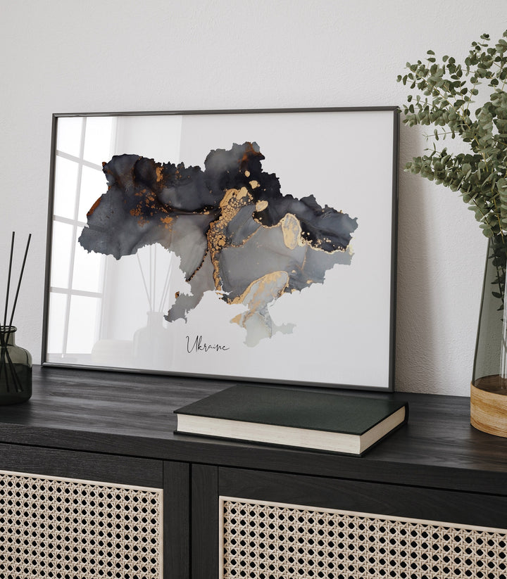 Ukraine Map Black & Gold Wall Art Print [EV]