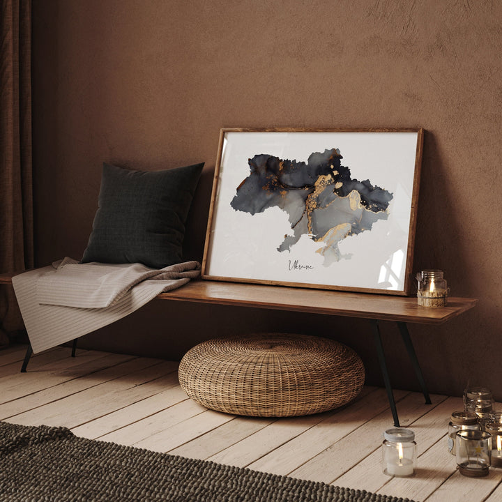 Ukraine Map Black & Gold Wall Art Print [EV]