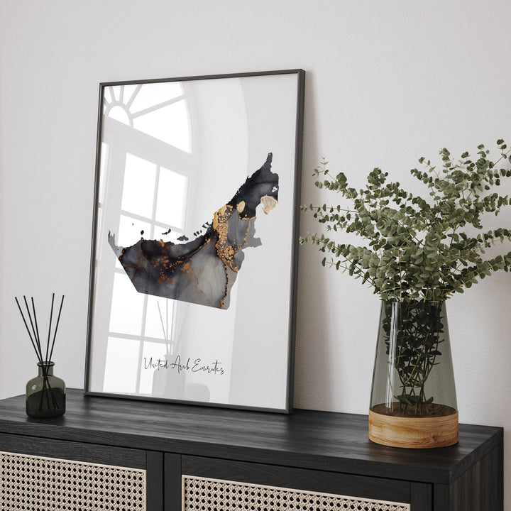 United Arab Emirates Map Black & Gold Wall Art Print UAE [EV]