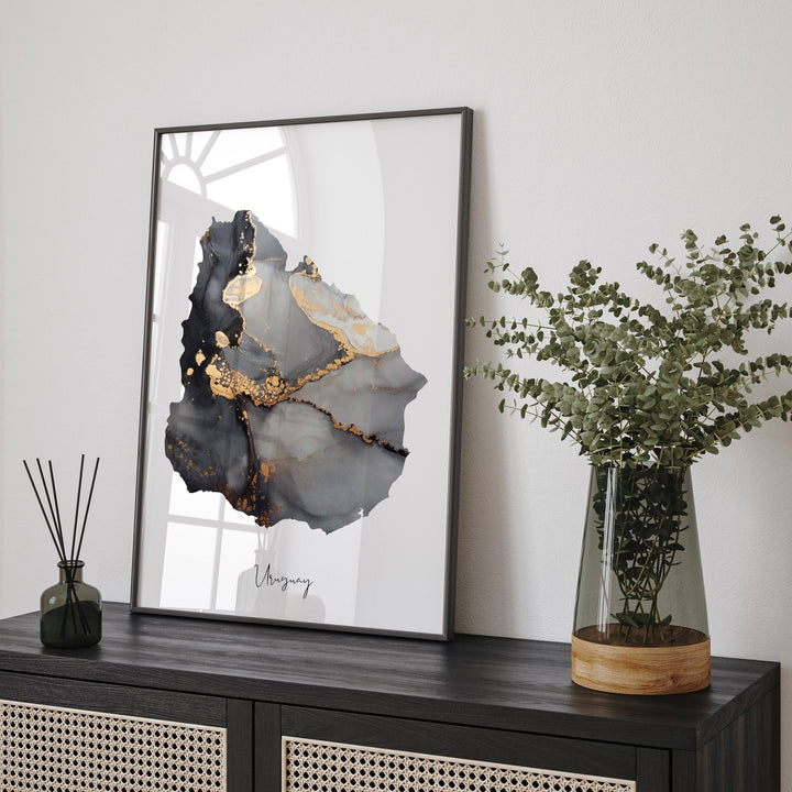 Uruguay Map Black & Gold Wall Art Print [EV]