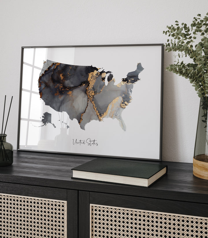 United States Map Black & Gold Wall Art Print [EV] USA America