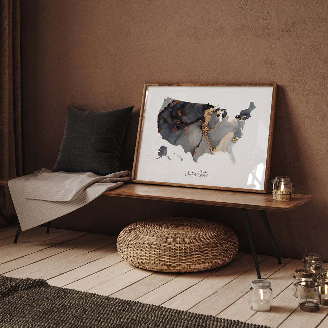 United States Map Black & Gold Wall Art Print [EV] USA America