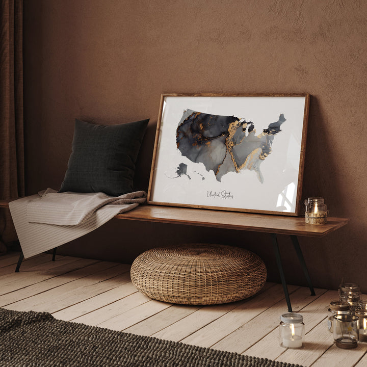 United States Map Black & Gold Wall Art Print [EV] USA America