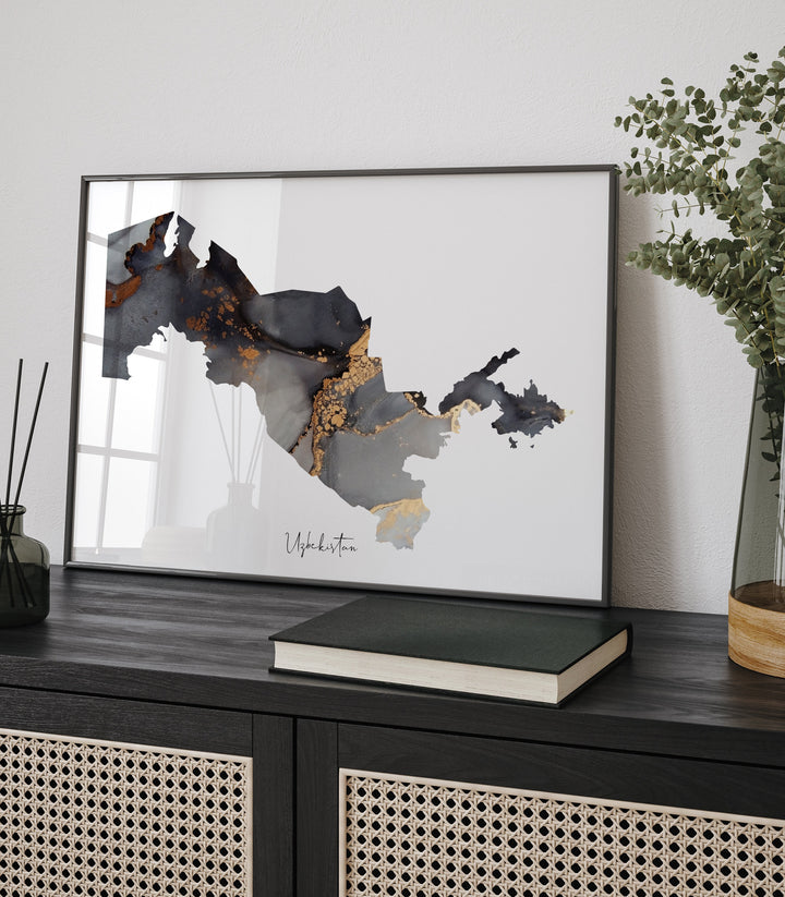 Uzbekistan Map Black & Gold Wall Art Print [EV]
