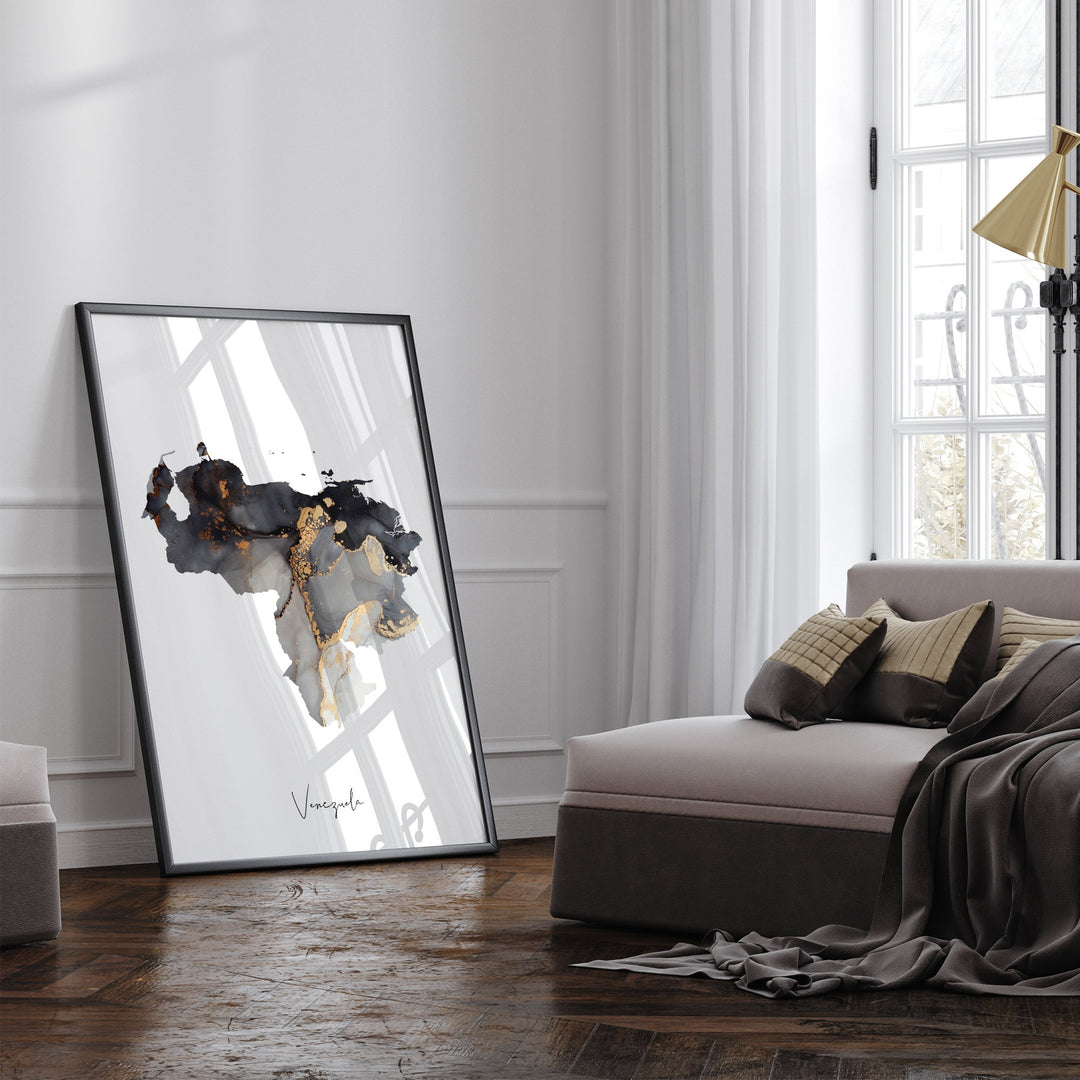 Venezuela Map Black & Gold Wall Art Print [EV]