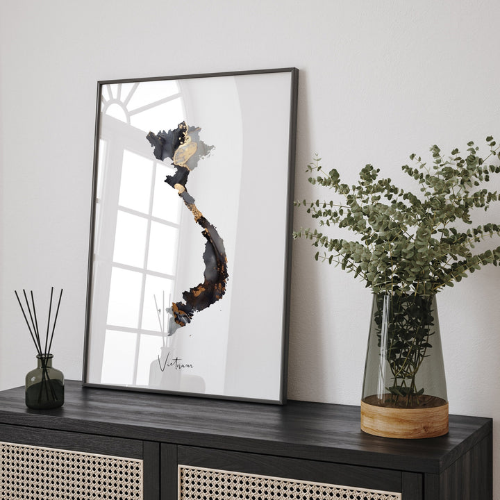 Vietnam Map Black & Gold Wall Art Print [EV]