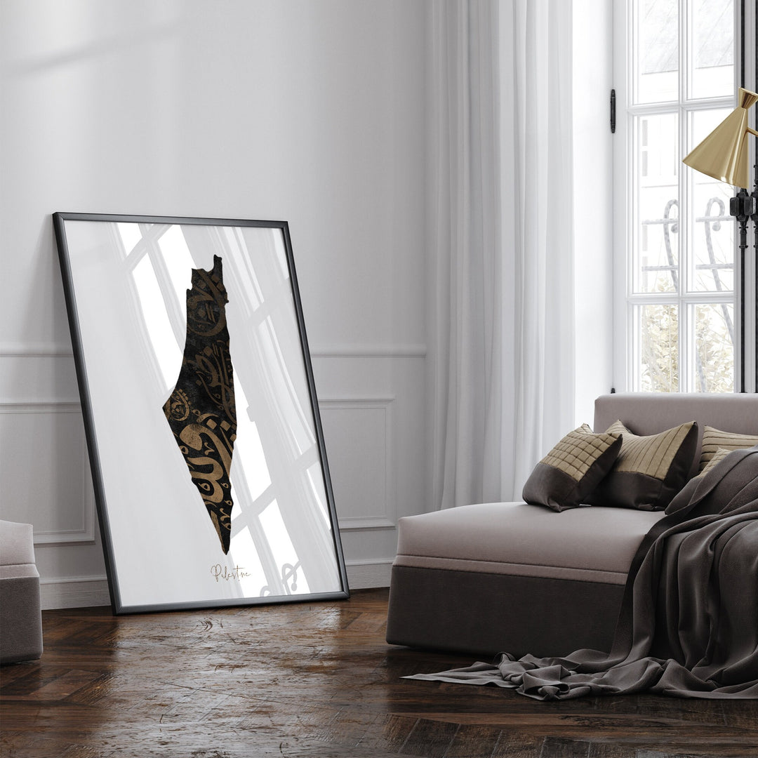 Palestine Map Wall Art Print | Black & Gold Arabic Calligraphy Edition