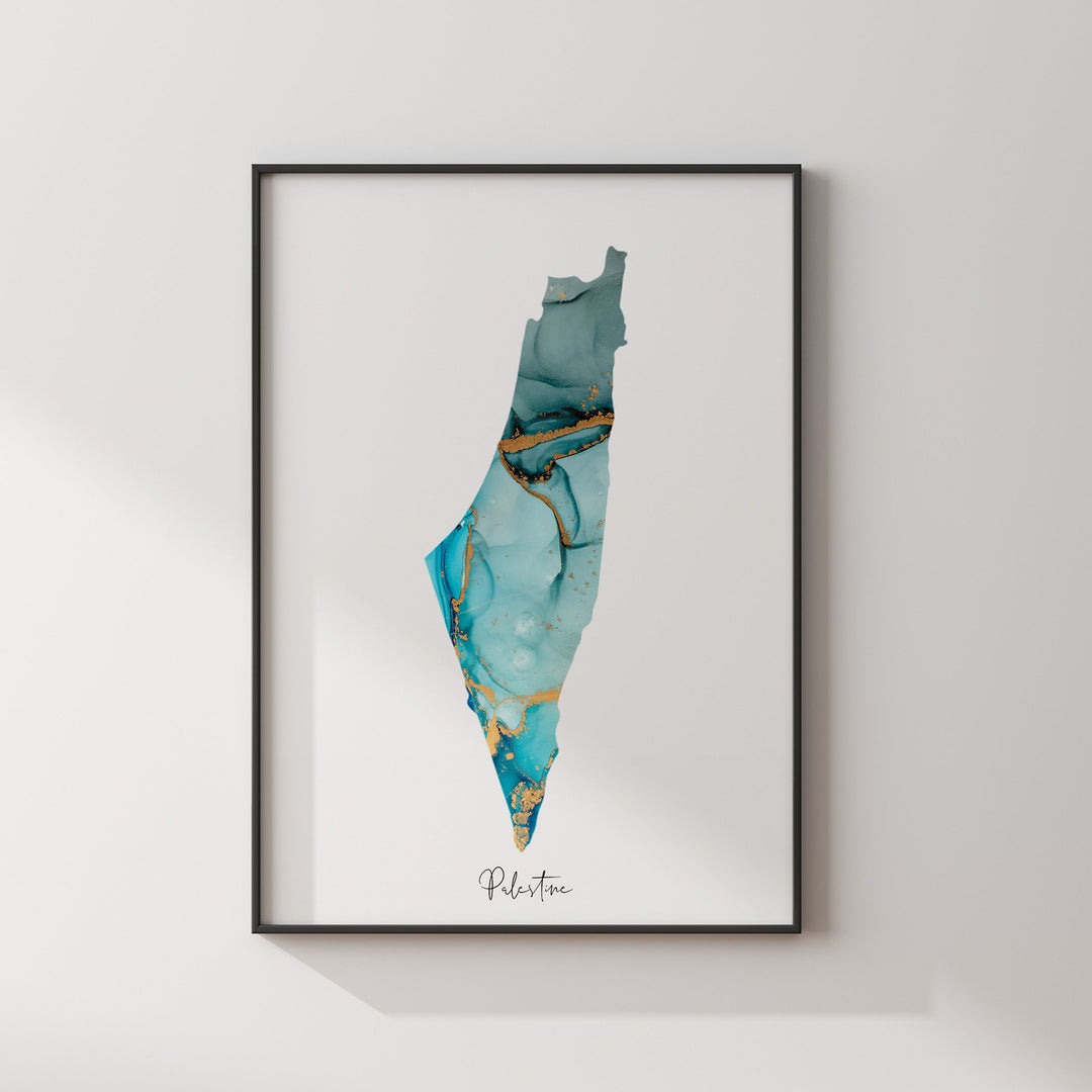 Palestine Map Shades of Blue & Green With Gold Wall Art Print