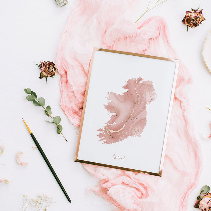 Ireland Map Pink and Gold Wall Art Print [EV]