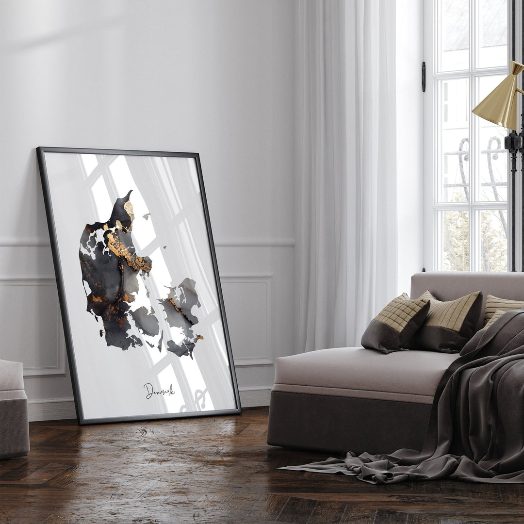 Denmark Map Black & Gold Wall Art Print [EV]