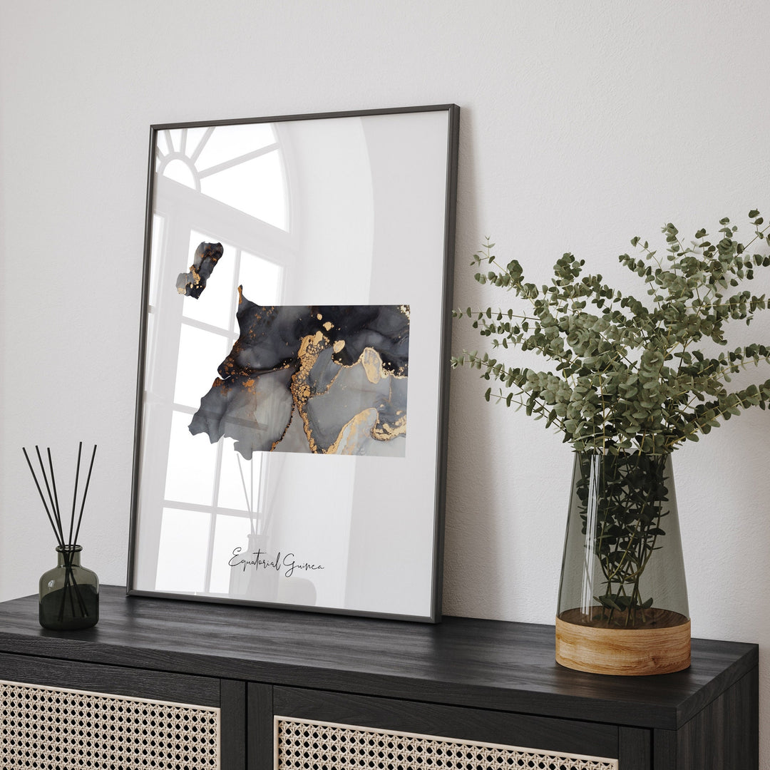 Equatorial Guinea Map Black & Gold Wall Art Print [EV]