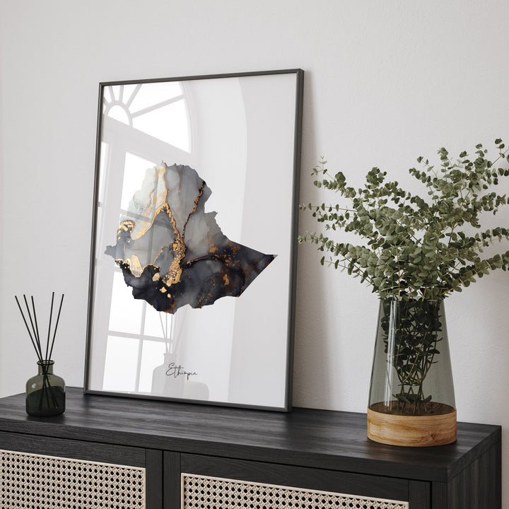 Ethiopia Map Black & Gold Wall Art Print [EV]