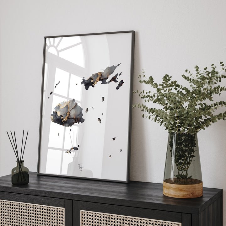 Fiji Map Black & Gold Wall Art Print [EV]