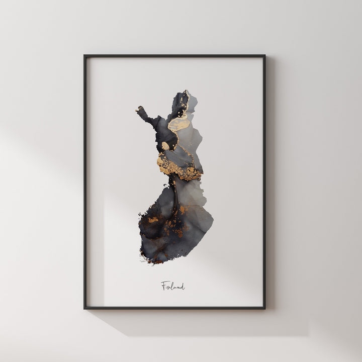 Finland Map Black & Gold Wall Art Print [EV]