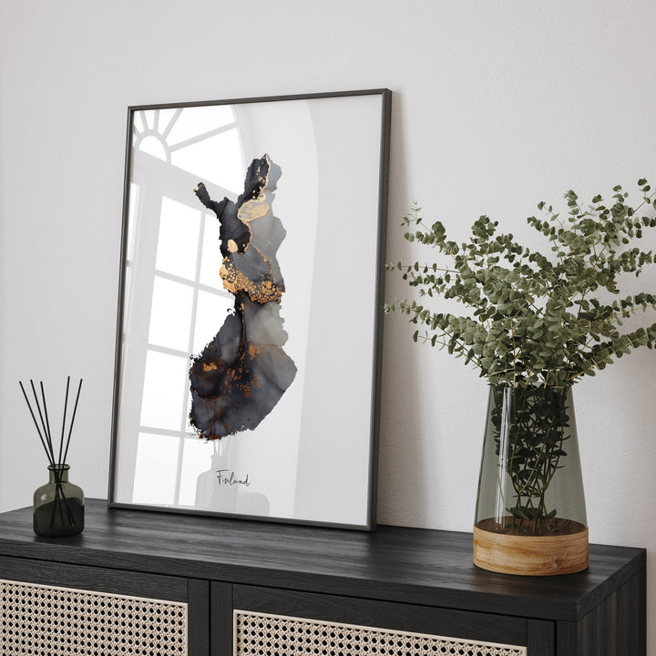 Finland Map Black & Gold Wall Art Print [EV]