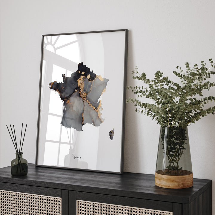 France Map Black & Gold Wall Art Print [EV]