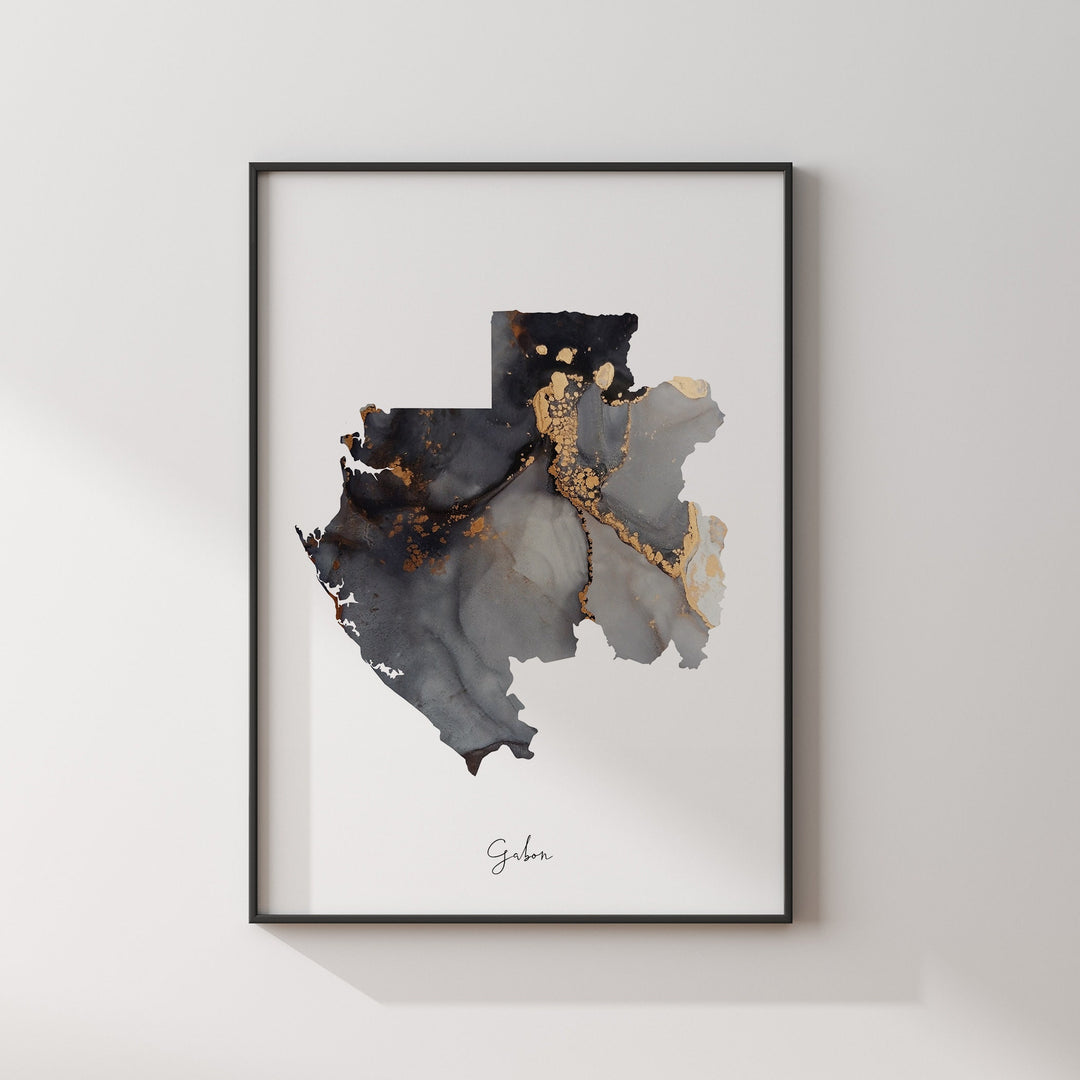 Gabon Map Black & Gold Wall Art Print [EV]