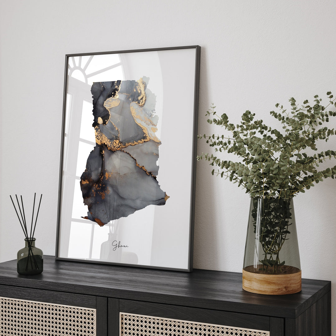 Ghana Map Black & Gold Wall Art Print [EV]