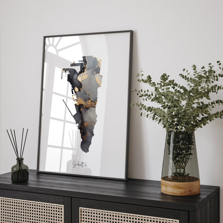 Gibraltar Map Black & Gold Wall Art Print [EV]