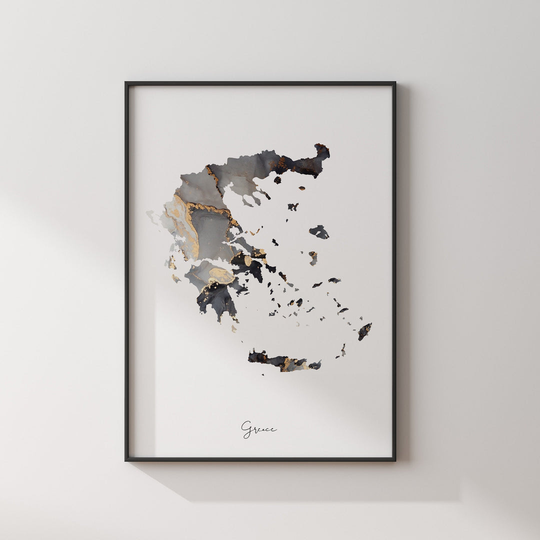 Greece Map Black & Gold Wall Art Print [EV]