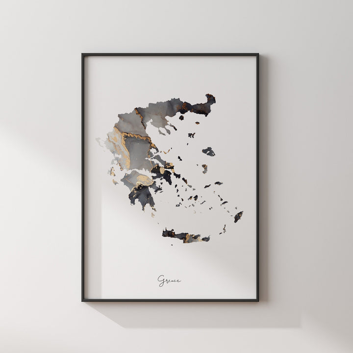 Greece Map Black & Gold Wall Art Print [EV]