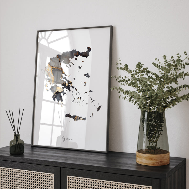 Greece Map Black & Gold Wall Art Print [EV]