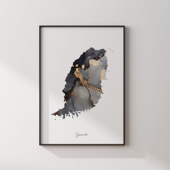 Grenada Map Black & Gold Wall Art Print [EV]