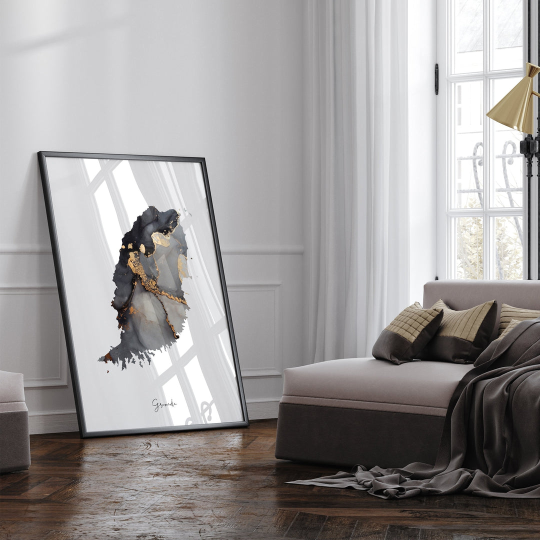 Grenada Map Black & Gold Wall Art Print [EV]